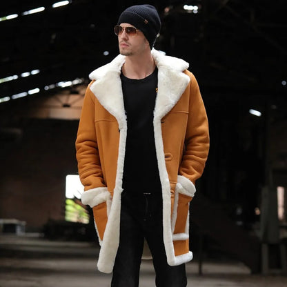 Men's Yellow Shearling Jacket - Long Leather Fur Coat - Leather Loom