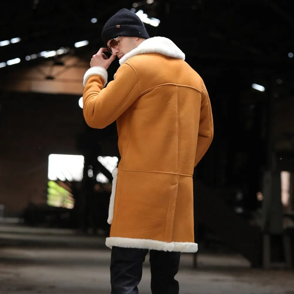 Men's Yellow Shearling Jacket - Long Leather Fur Coat - Leather Loom