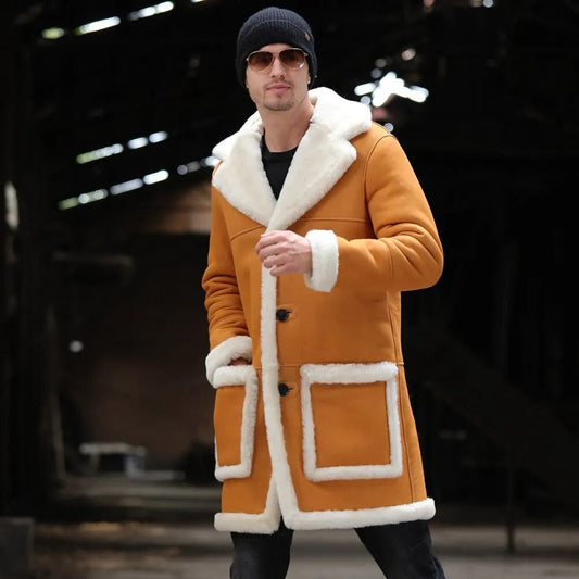 Men's Yellow Shearling Jacket - Long Leather Fur Coat - Leather Loom