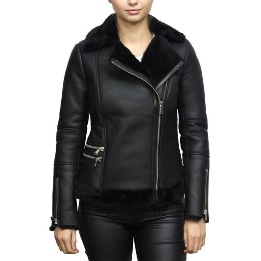 Women's Black Sheepskin Aviator Pilot Leather Jacket - Leather Loom