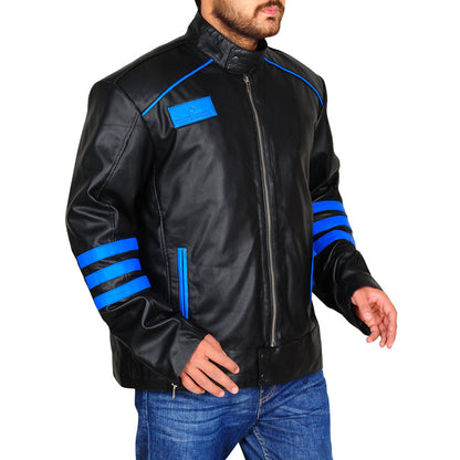 Mens Black & Blue Biker Leather Jacket - Leather Loom