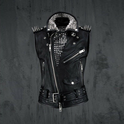 Men's Black Leather Silver Studded Biker Punk Vest - Leather Loom