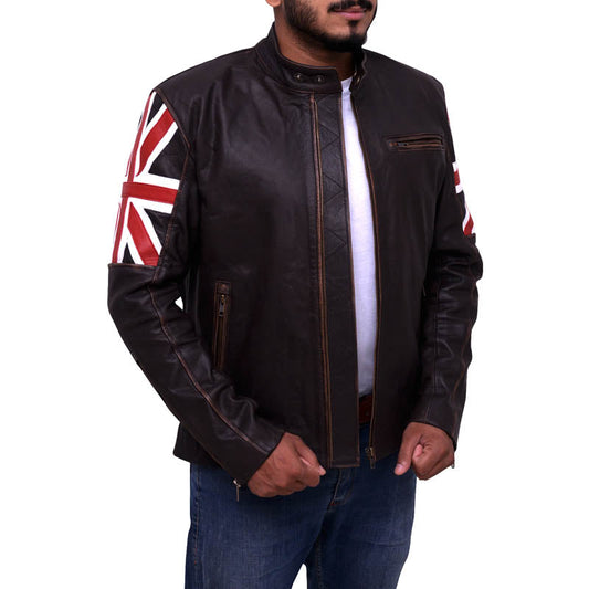 Mens Brown England Flag Biker Leather Jacket