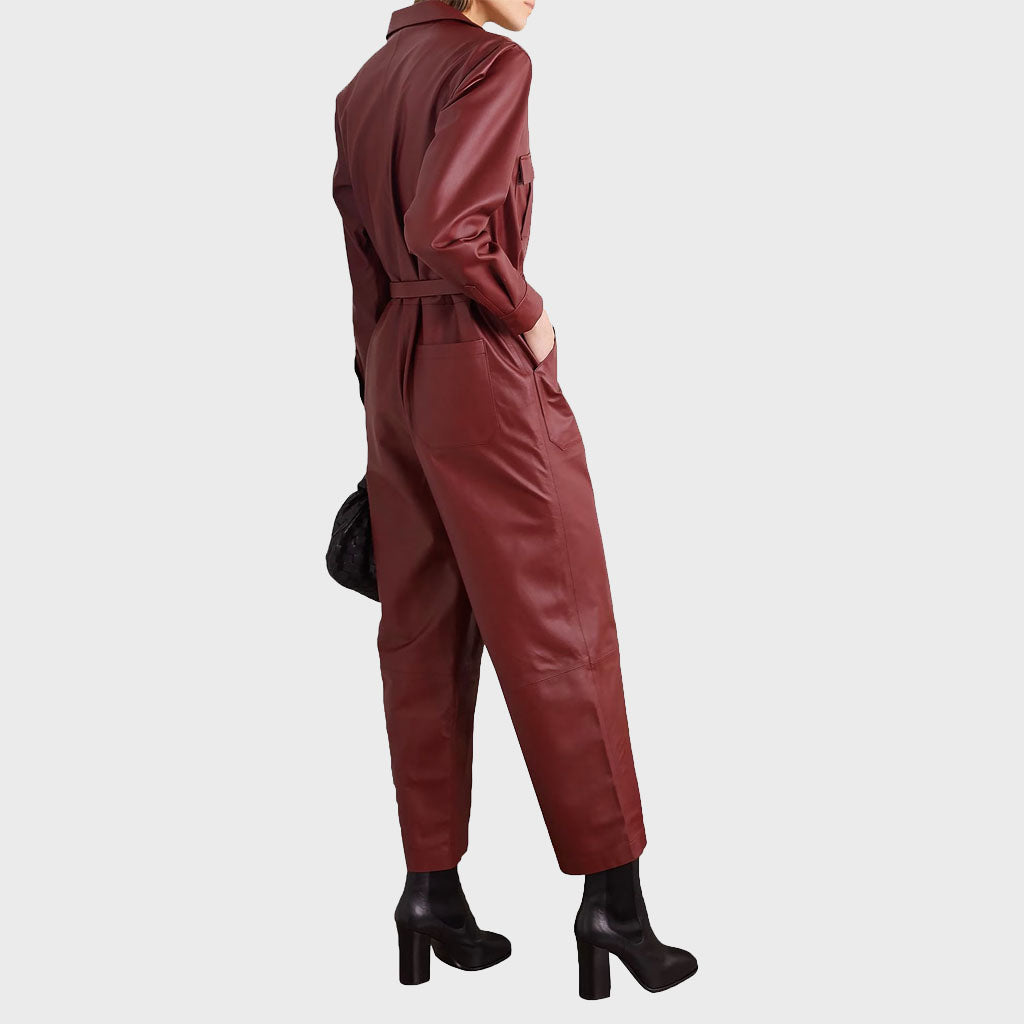 Sleek Cherry Red Leather Women's Jumpsuit - Leather Loom