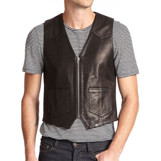 Slim Fit Black Biker Leather Vest Men's - Leather Loom