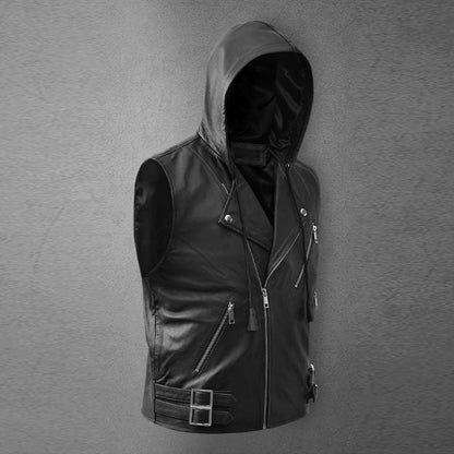 Men's Black Asymmetrical Biker MC Club Leather Hooded Vest - Leather Loom