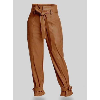 Tied-Cuff Brown Leather Pants For Women - Leather Loom