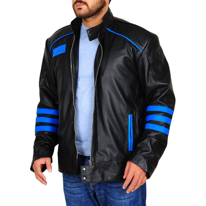 Mens Black & Blue Biker Leather Jacket - Leather Loom