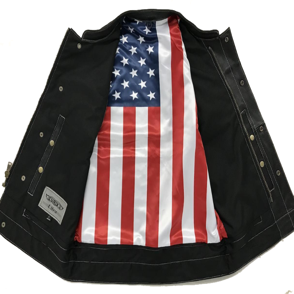 Men's Leather Motorcycle Club Vest with USA Flag Liner - Leather Loom