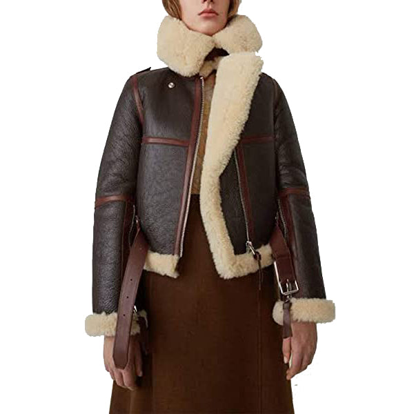 Women B3 Sheepskin Aviator Flight Fur Shearling Short Bomber Jacket - Leather Loom
