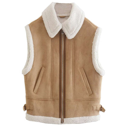 Women B3 Tan Brown Bomber Shearling Leather Vest