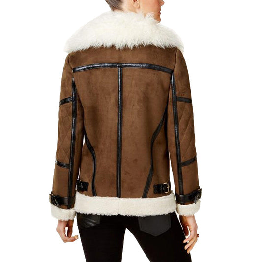 Womens Brown Bomber Asymmetrical Shearling Leather Jacket - Leather Loom