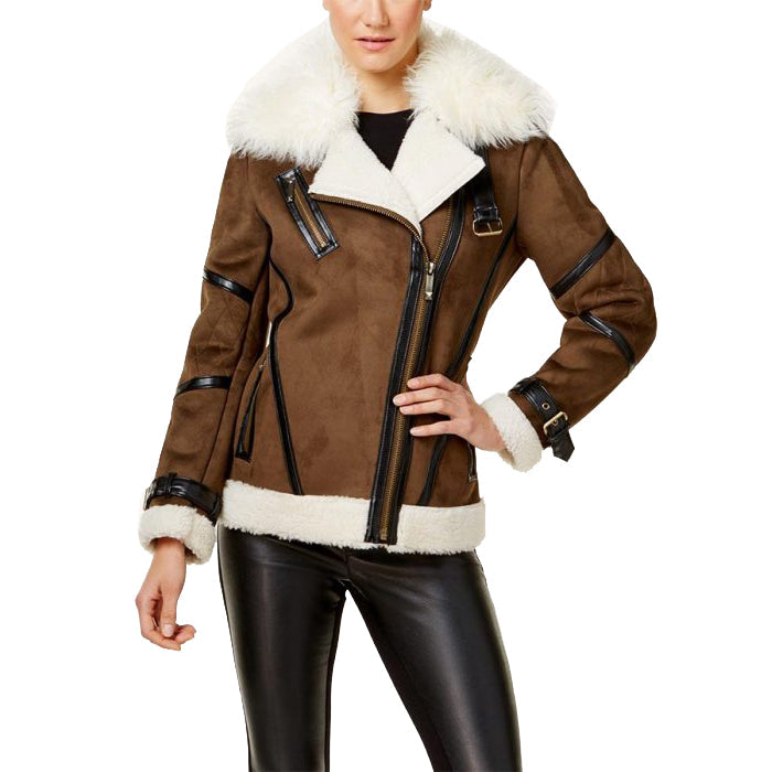 Womens Brown Bomber Asymmetrical Shearling Leather Jacket - Leather Loom