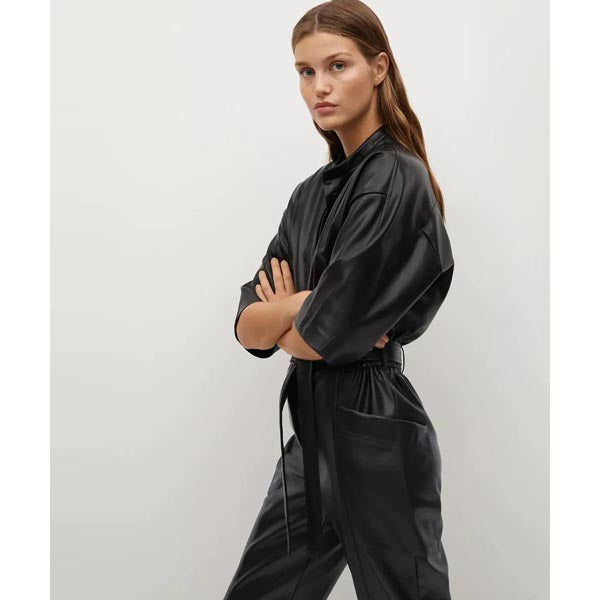 Women's Black One Piece Real Leather Dress Jumpsuit - Leather Loom