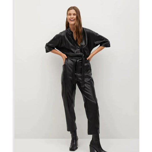 Women's Black One Piece Real Leather Dress Jumpsuit - Leather Loom