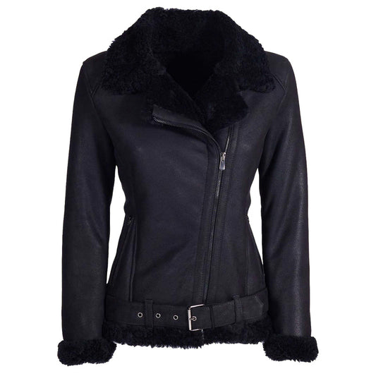 Womens Black Shearling Leather Jacket - Leather Loom