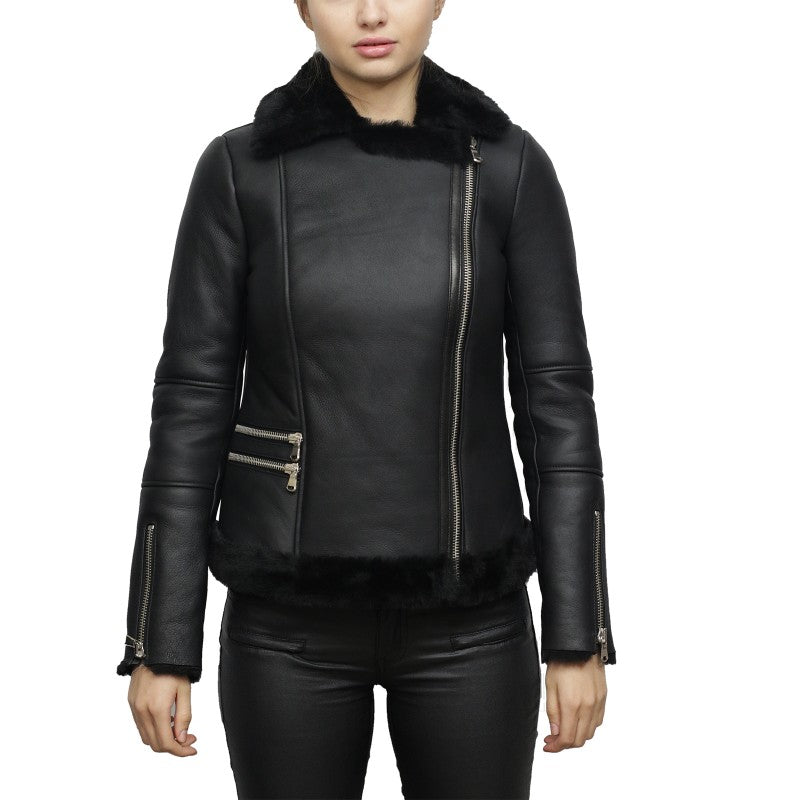 Women's Black Sheepskin Aviator Pilot Leather Jacket - Leather Loom