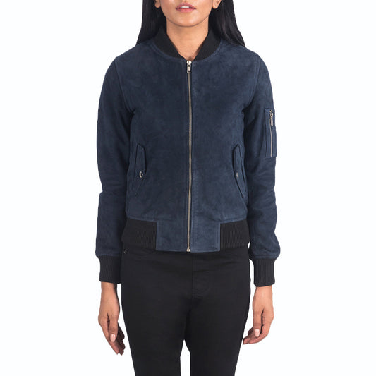 Womens Blue Suede Bomber Jacket - Leather Loom