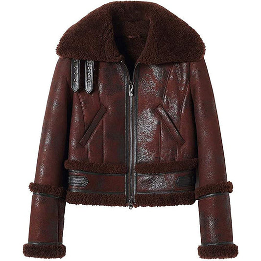 Womens Shearling Moto Jacket Brown - Leather Loom