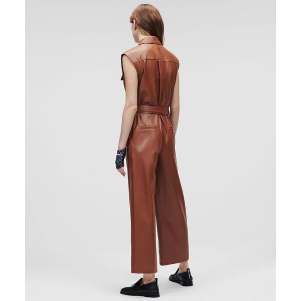 Women's Brown Utility Real Leather Jumpsuit - Leather Loom