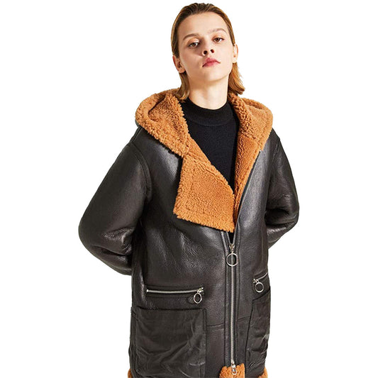 Womens Warm Hooded Sheepskin Shearling Jacket Coat - Leather Loom