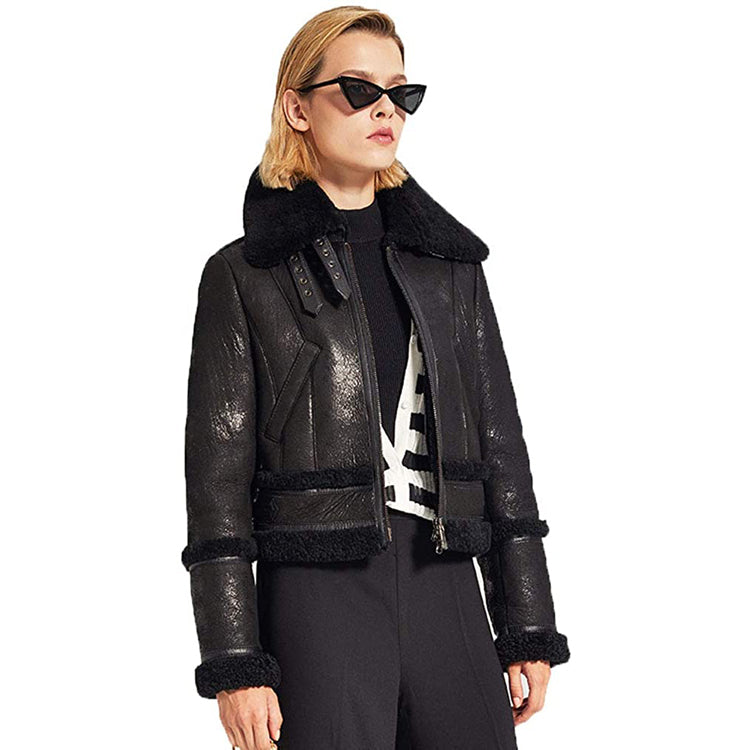 Womens Shearling Moto Jacket Black - Leather Loom