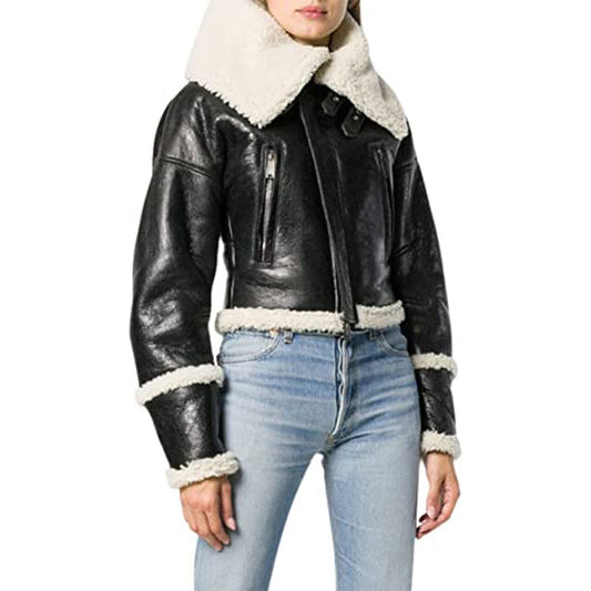 Womens Short Black Fur Sheepskin Aviator Bomber leather Jacket - Leather Loom