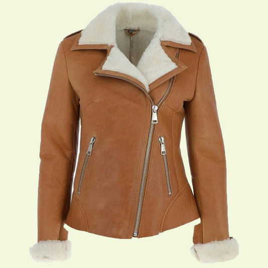 Women's Camel Brown Leather Shearling Jacket - Leather Loom
