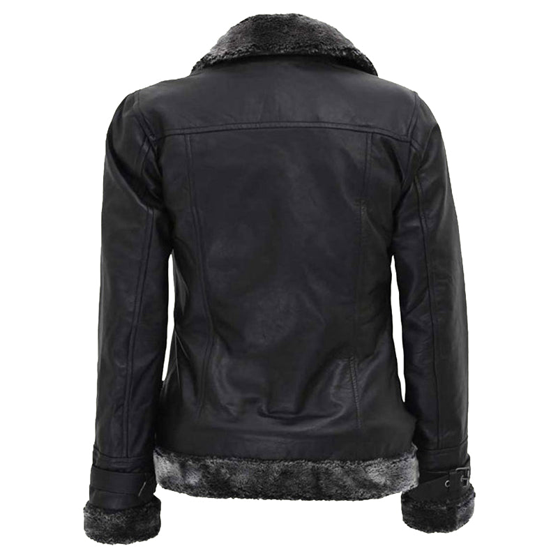 Women's Black Leather Shearling Jacket With Belted Closure - Leather Loom