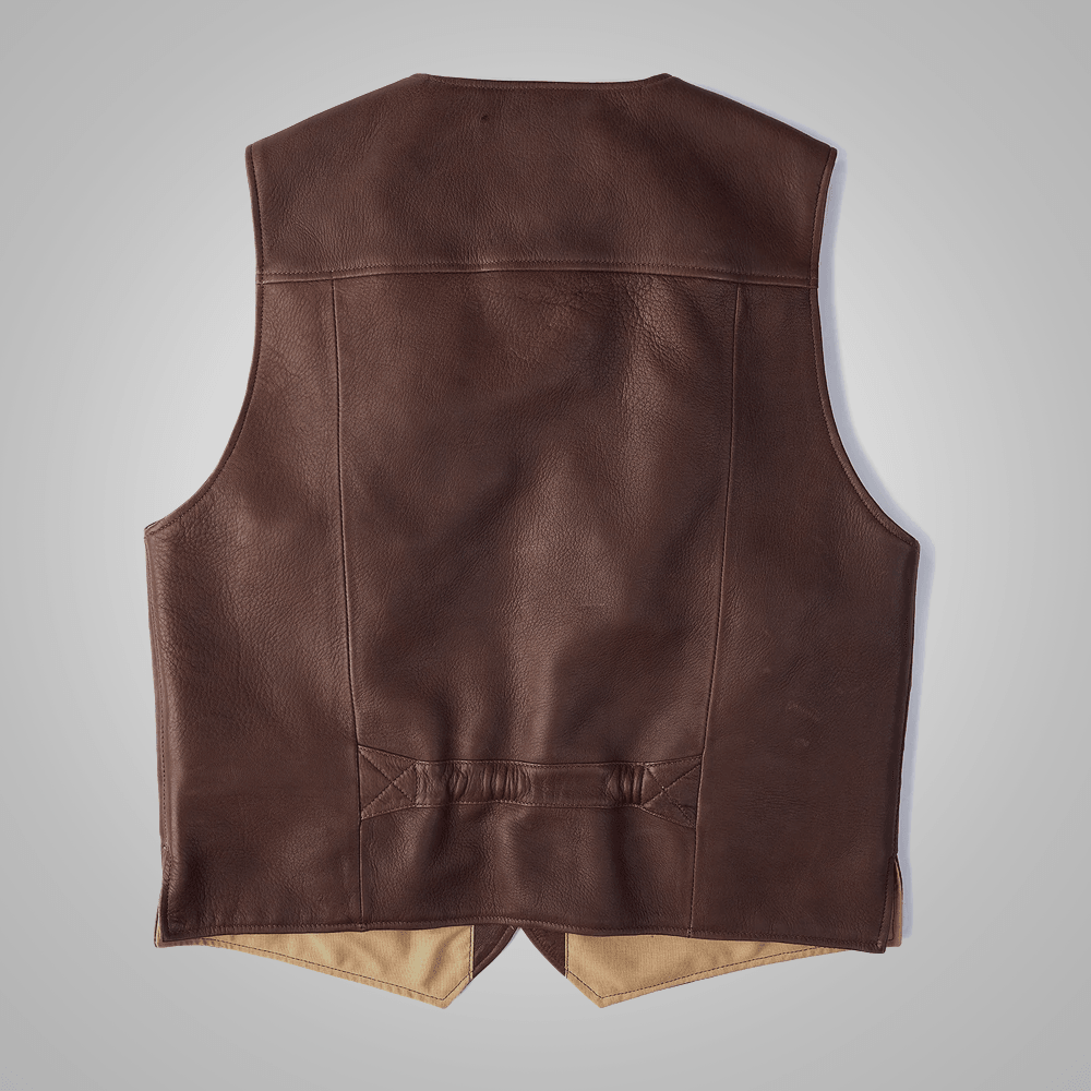 Brown Men Multi Pocket Stlye Buckskin Vest - Leather Loom