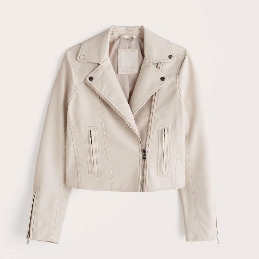 Women White Biker Leather Jacket - Leather Loom