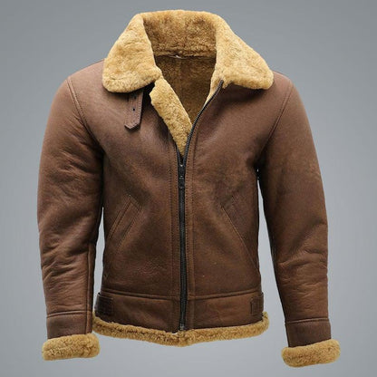 Mens Brown B3 Shearling Sheepskin WW2 Bomber Leather Flying Aviator Jacket - Leather Loom