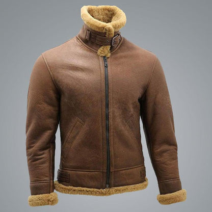 Mens Brown B3 Shearling Sheepskin WW2 Bomber Leather Flying Aviator Jacket - Leather Loom