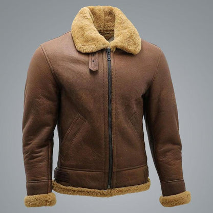 Mens Brown B3 Shearling Sheepskin WW2 Bomber Leather Flying Aviator Jacket - Leather Loom