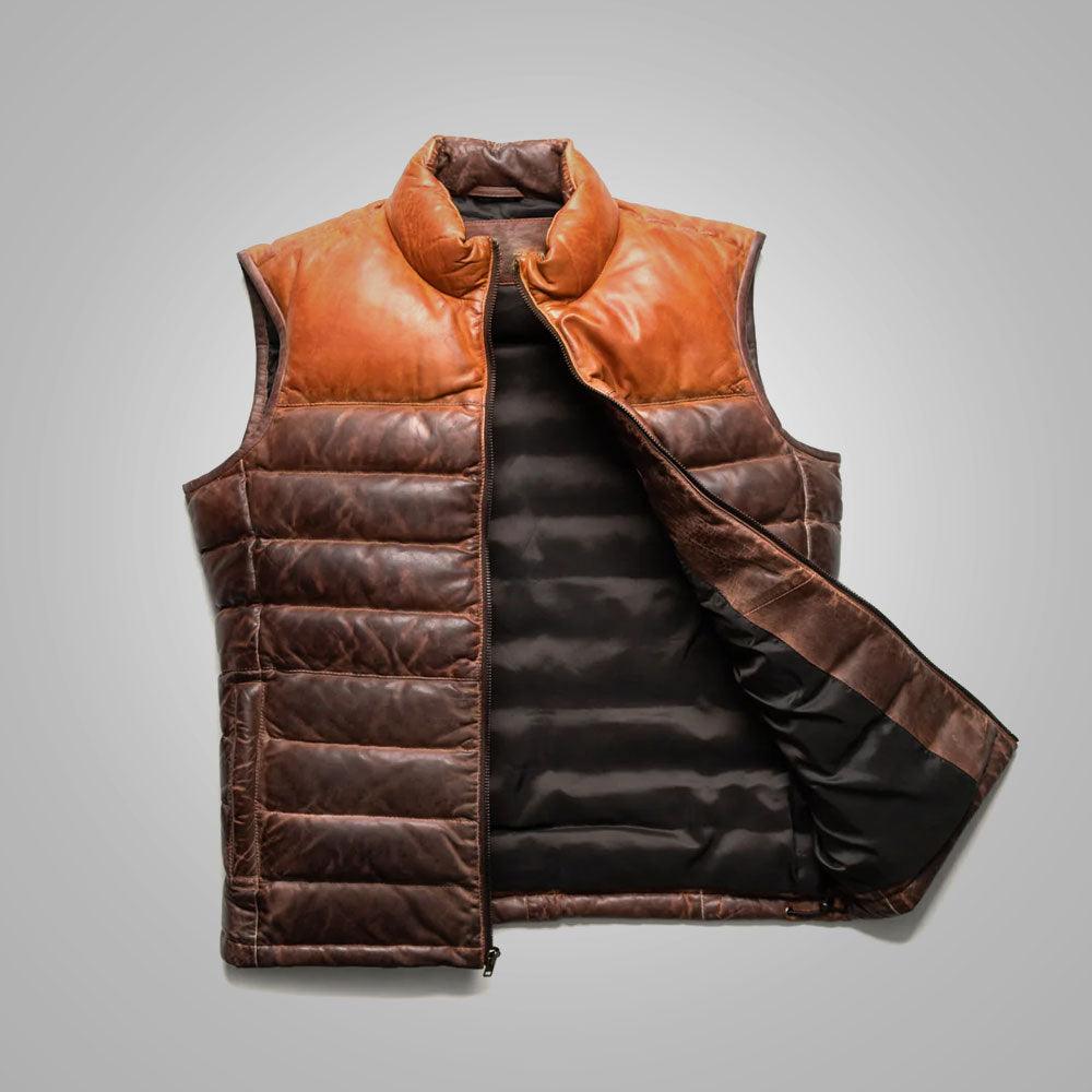 Mens Brown Genuine Bubble Leather Down Vest - Leather Loom