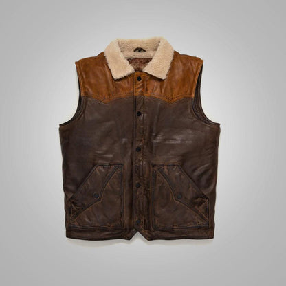 Mens Brown Shearling Fur Sheepskin Leather Vest - Leather Loom