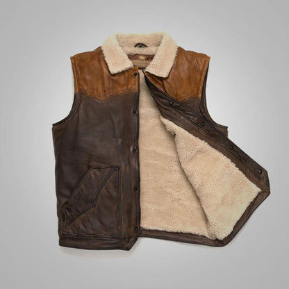 Mens Brown Shearling Fur Sheepskin Leather Vest - Leather Loom