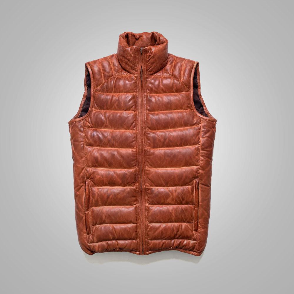 Brown Mens Shearling Bubble Leather Down Vest - Leather Loom