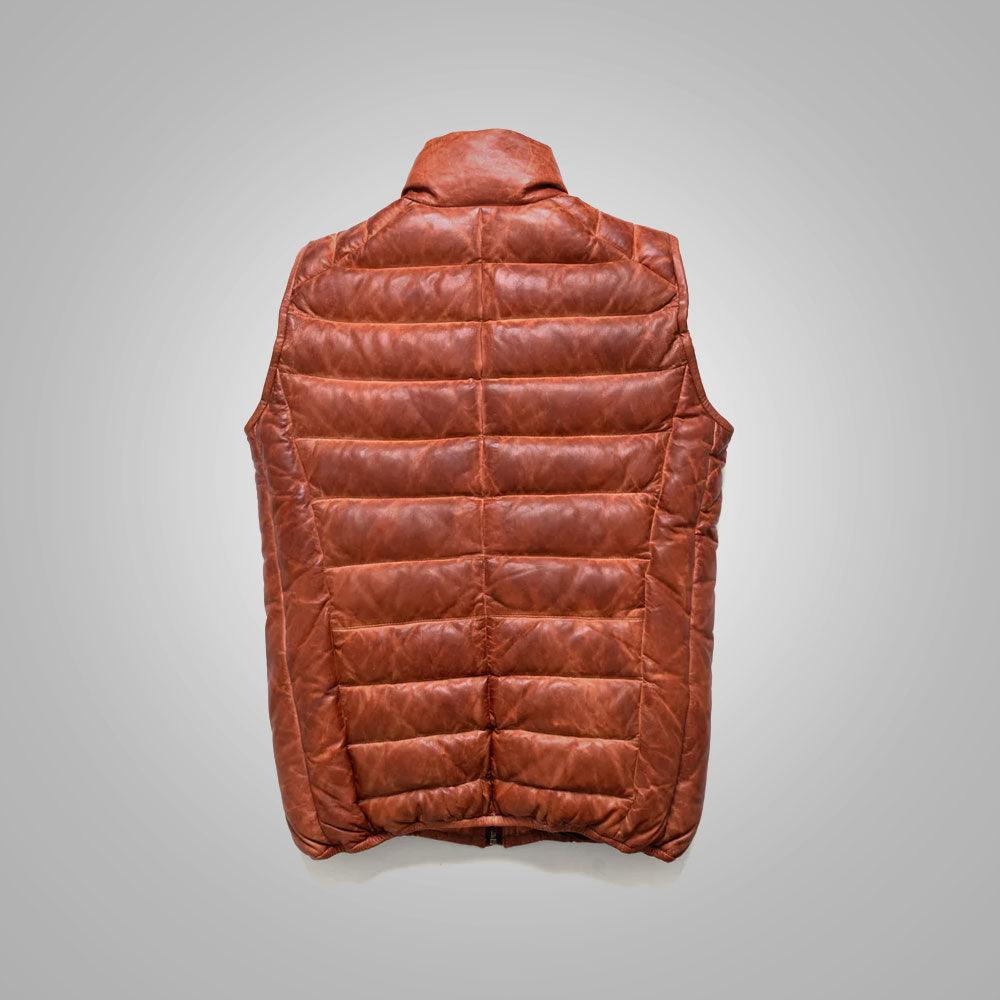 Brown Mens Shearling Bubble Leather Down Vest - Leather Loom