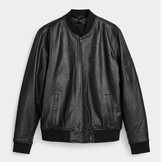 Mens Real Black Leather Bomber Jacket - Leather Loom