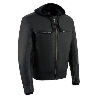 Men's Black Leather ‘Utility Pocket’ Vented Jacket with Removable Hoodie - Leather Loom