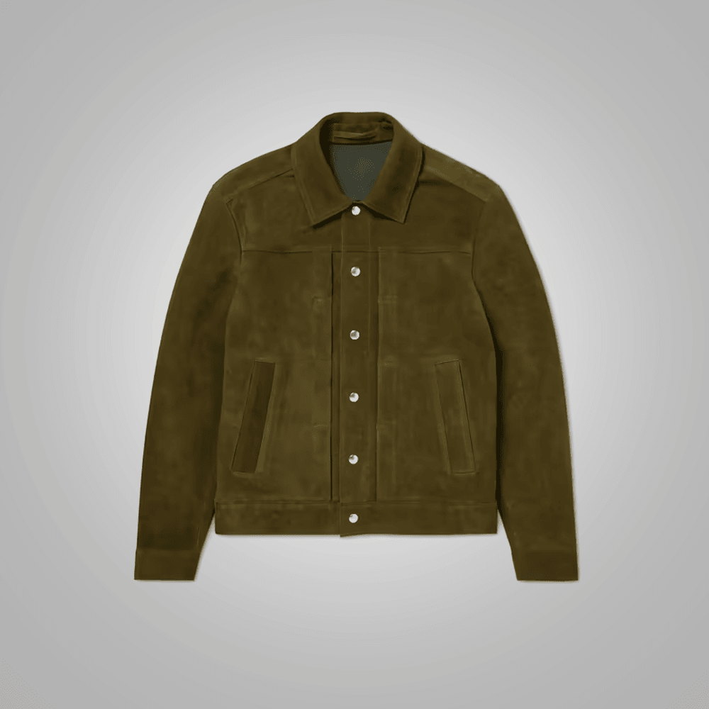 Men Olive Green Lambskin Leather Trucker Jacket - Leather Loom