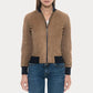 Tan Suede Bomber Jacket with Black Rib Knit Collar & Cuffs - Leather Loom