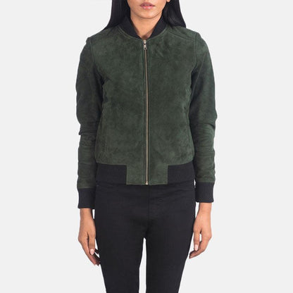 Bliss Green Suede Bomber Jacket - Leather Loom