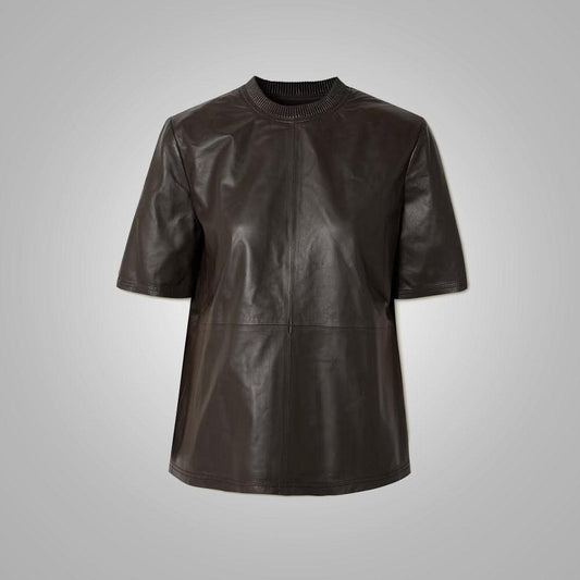 Women's Half sleeves Smooth soft choclate colour Leather Shirt - Leather Loom