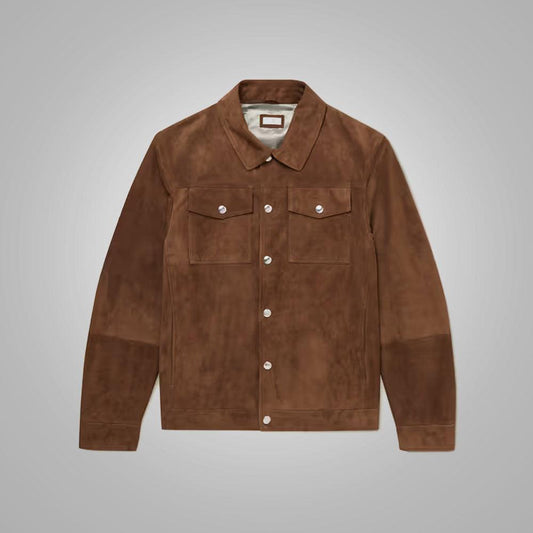 Mens Brown Lambskin Leather Trucker Jacket - Leather Loom