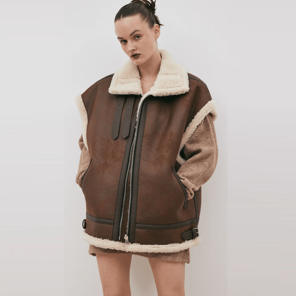 New Chocolate Brown Women Aviator Sheepskin  Leather Vest - Leather Loom