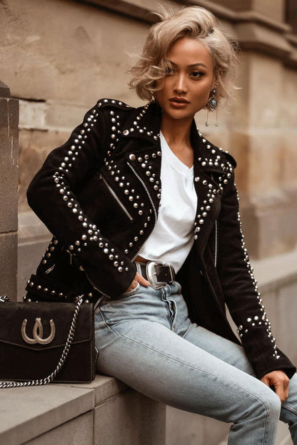 Women Style Silver Studded Black Suede Leather Jacket - Leather Loom