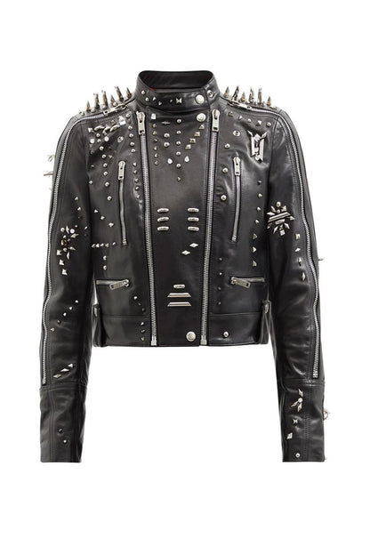 Black Women style Silver Long Spiked Studded Motorcycle Leather Jacket - Leather Loom