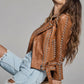 Brown Women Style Silver Spiked Studded Leather jacket - Leather Loom